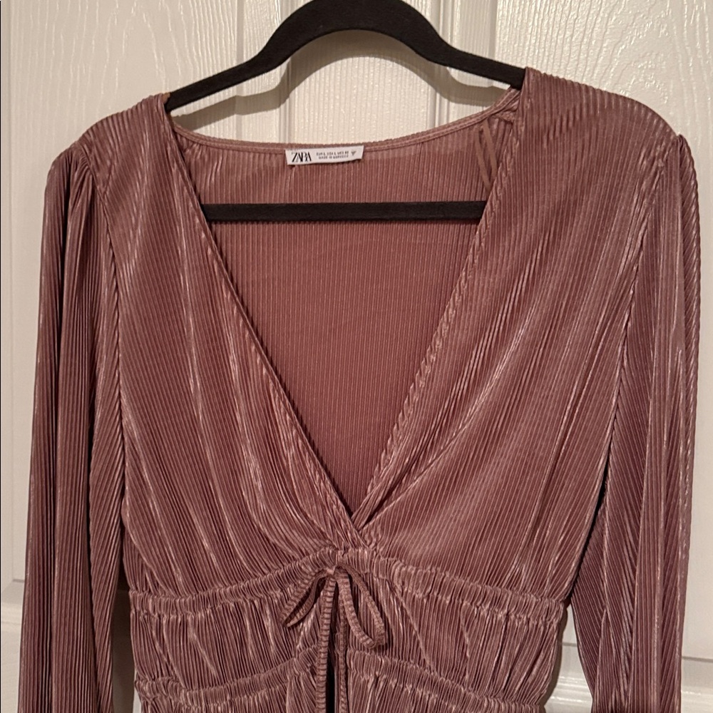 Zara Champagne Color Long Sleeve V-Neck Blouse - Picture 2 of 4